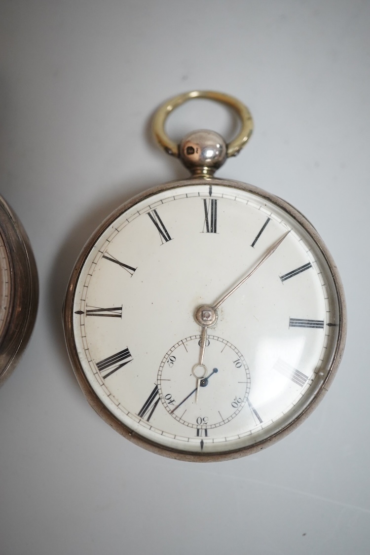 A late William IV silver open faced pocket watch, by William Latch, Newport, with Roman dial, together with a late Victorian silver open faced pocket watch and a Swiss 935 standard open faced pocket watch, retailed by Pi
